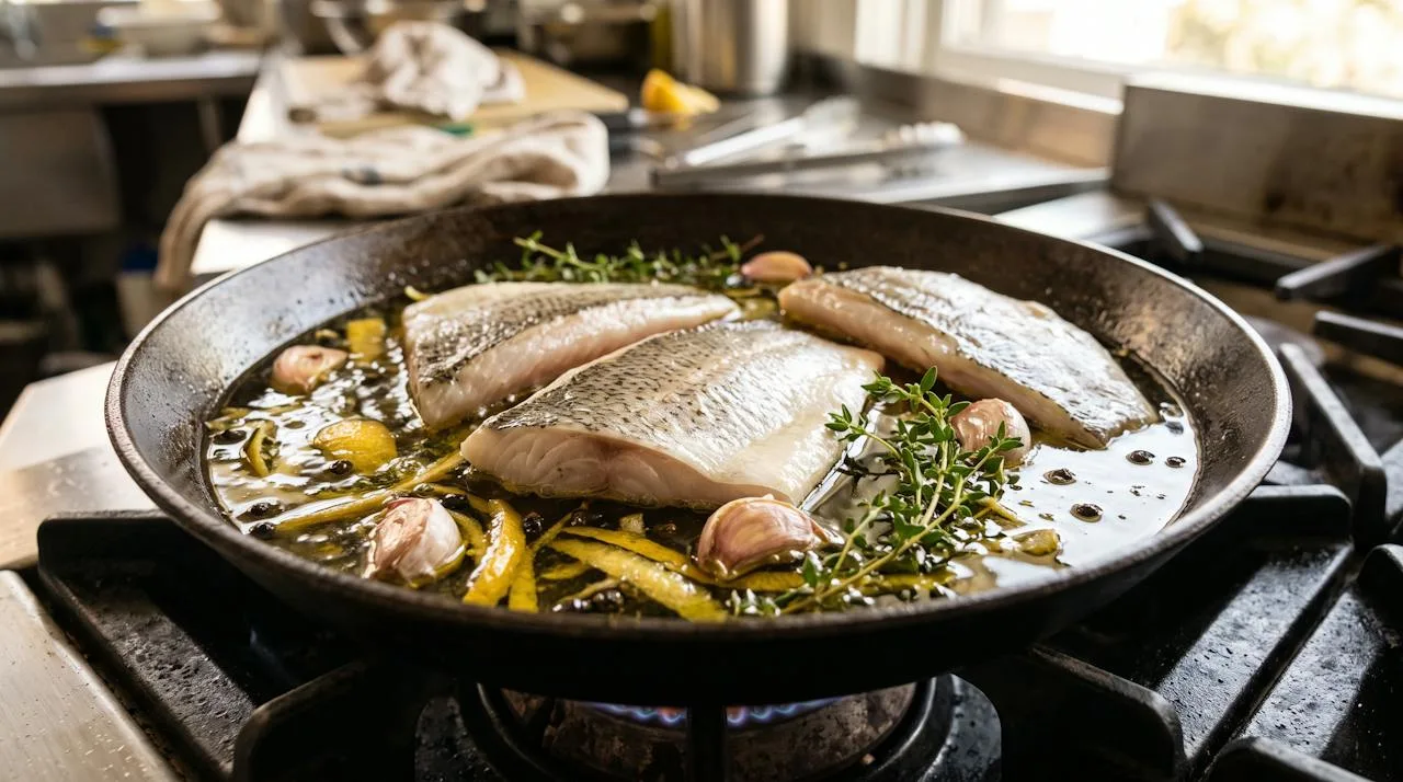 Fish fillets gently poaching in warm olive oil with garlic cloves, lemon peel and thyme