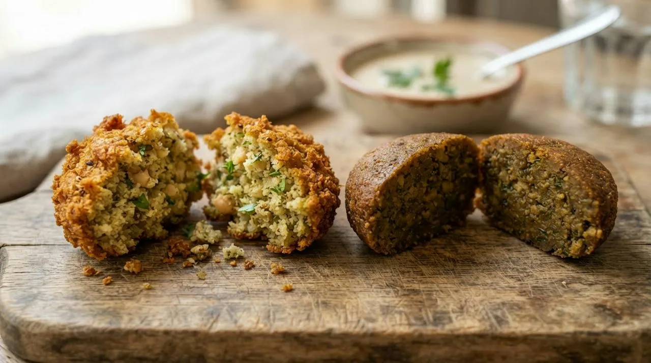 Two halved falafel: one with a crisp crust and coarse green interior, the other with a thin crust and dense, smooth, paste-like center