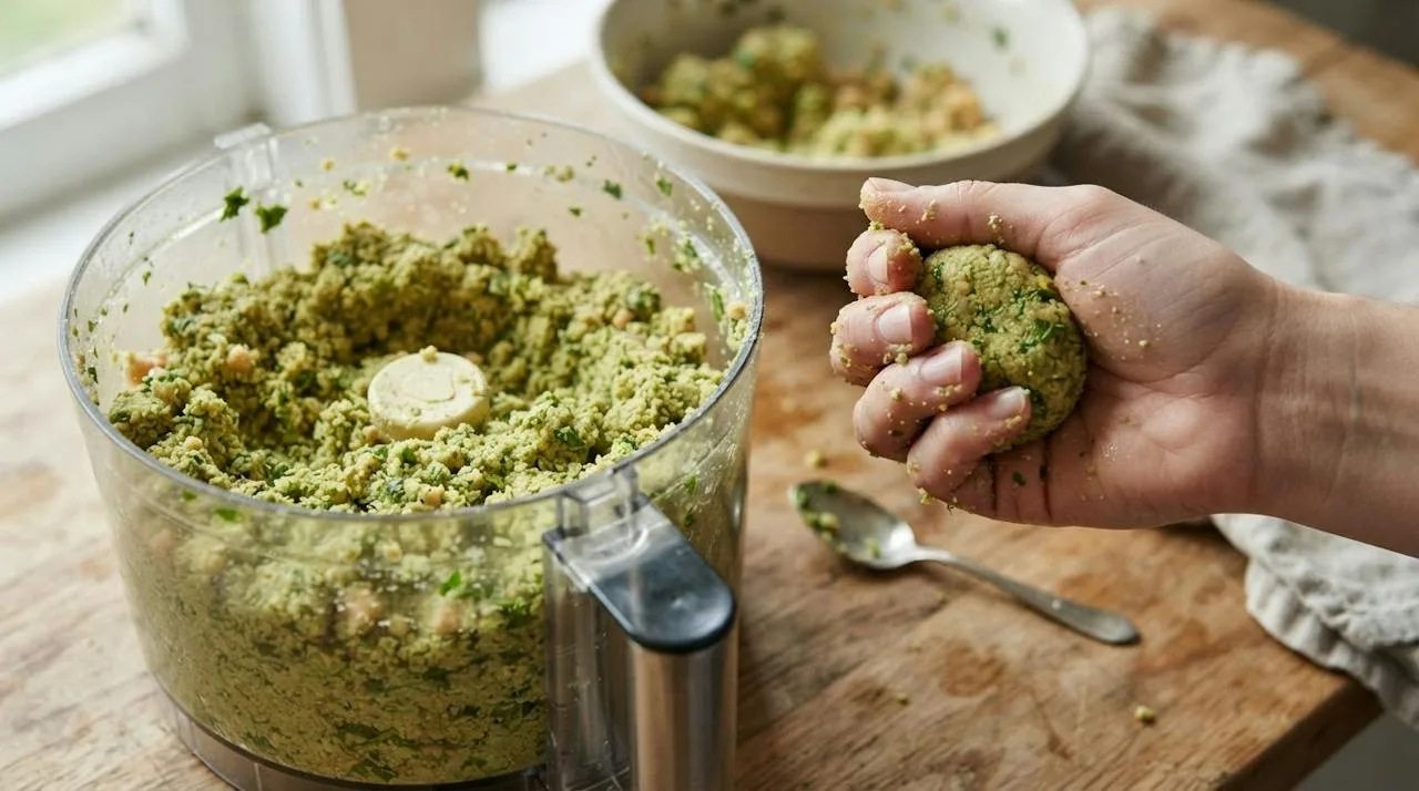 A food processor of coarse green falafel mixture beside a hand pressing a handful into a compact ball