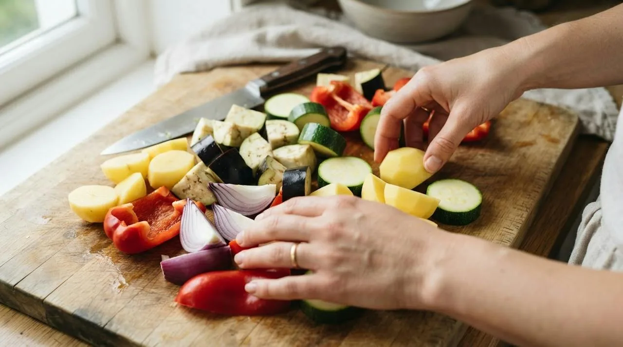 Potatoes cut into 3 cm chunks, thick zucchini rounds, eggplant chunks, onion wedges and red pepper pieces on a cutting board