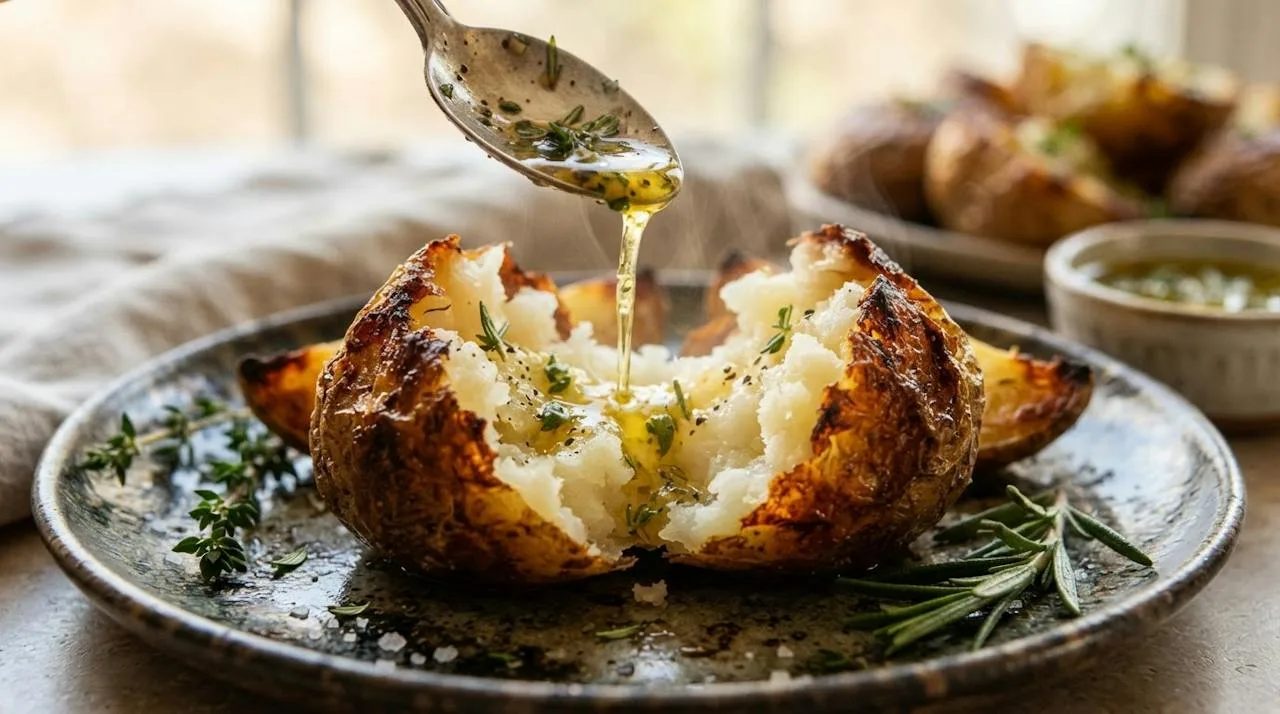 A roasted lemon potato wedge broken open to show a soft, creamy center and golden edges, with lemon-garlic oil spooned over