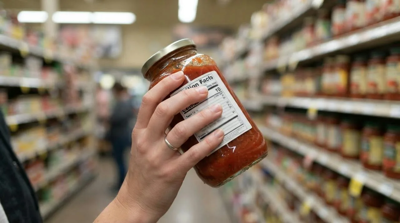 A hand turning a jar of tomato sauce in a grocery aisle to read the nutrition label on the back