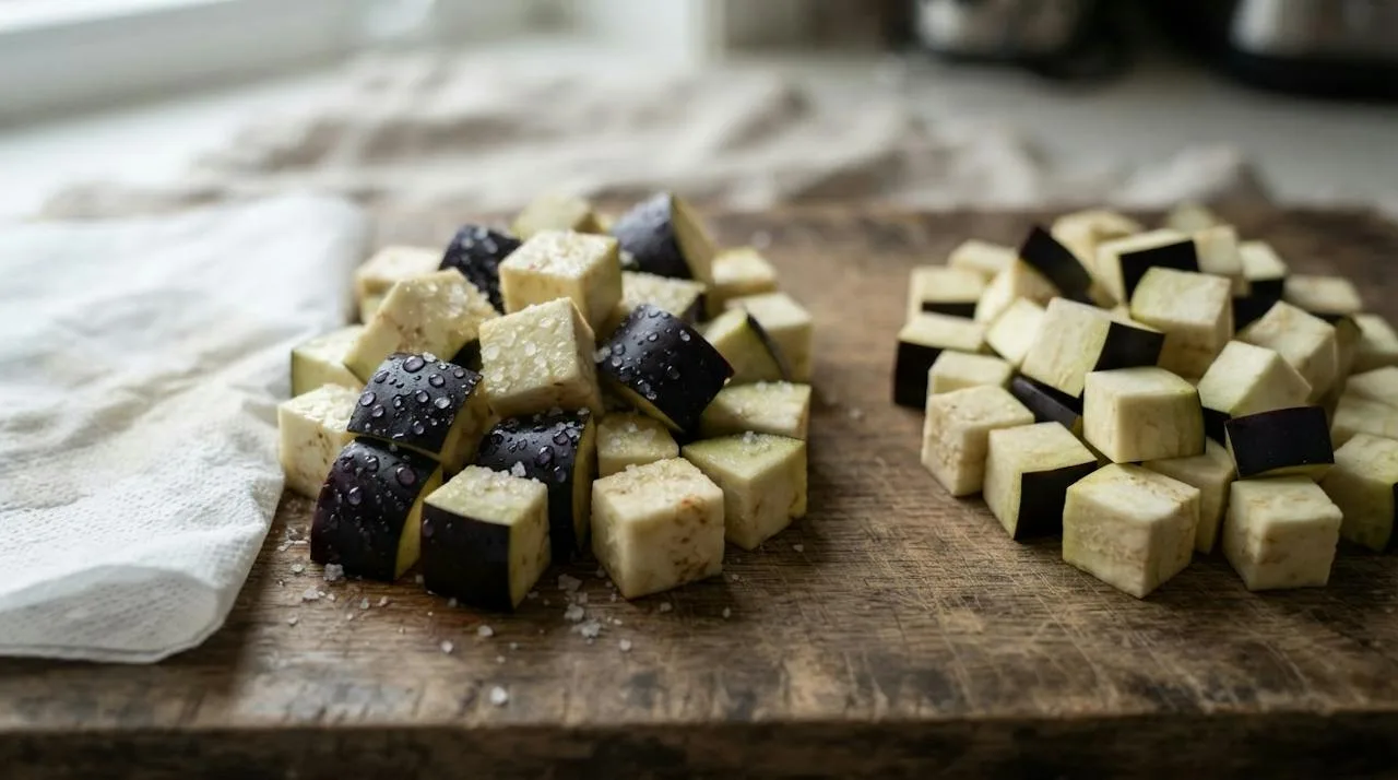 Raw eggplant cubes side by side, one pile salted with beads of moisture, the other plain