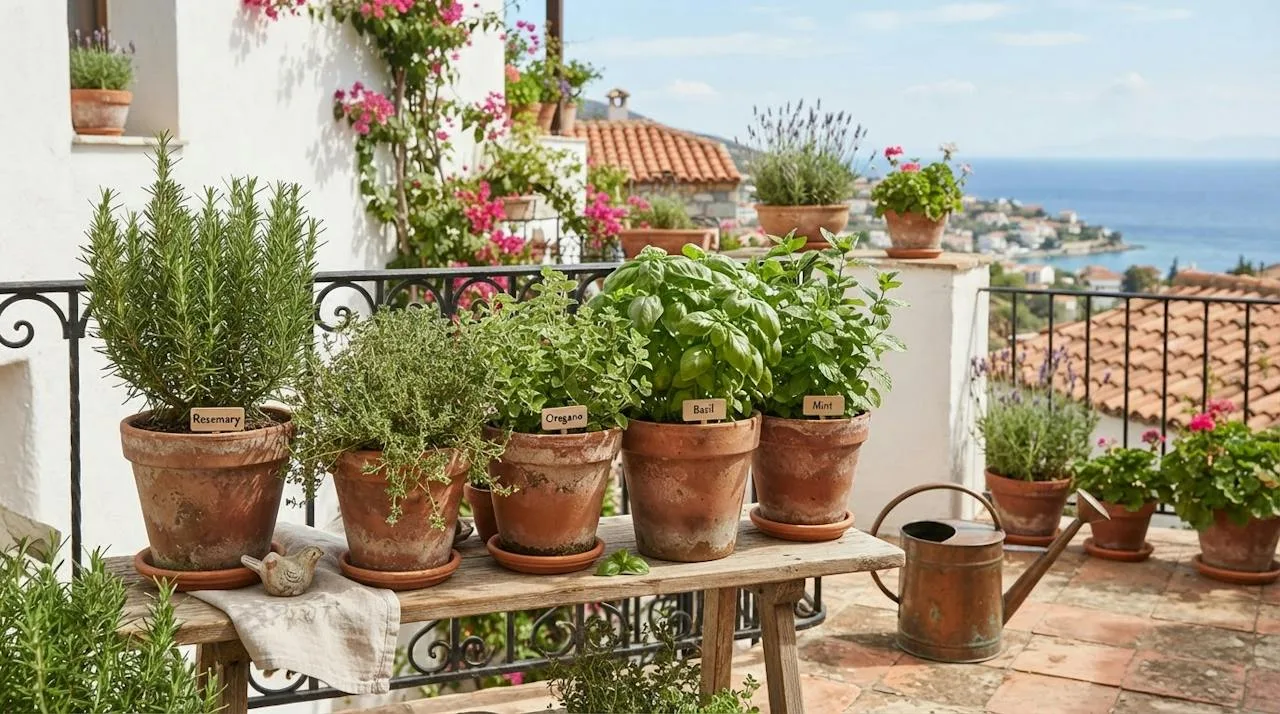 Terracotta pots of rosemary, thyme, oregano, basil and mint on a sunny balcony