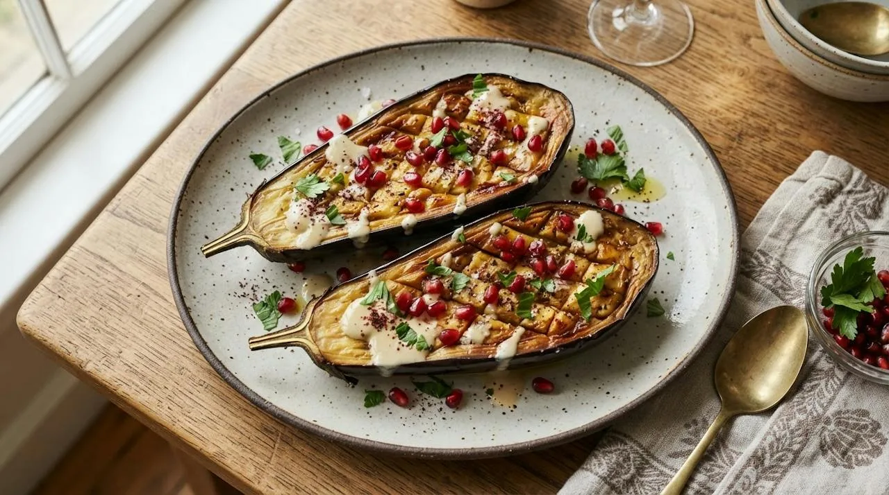 Halved roasted eggplant with deeply golden custardy flesh scored in a crosshatch, drizzled with olive oil and tahini, topped with pomegranate and parsley