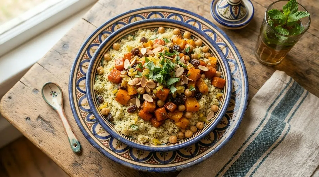 Moroccan couscous bowl with spiced roasted carrots and squash, chickpeas, raisins, almonds, preserved lemon and cilantro
