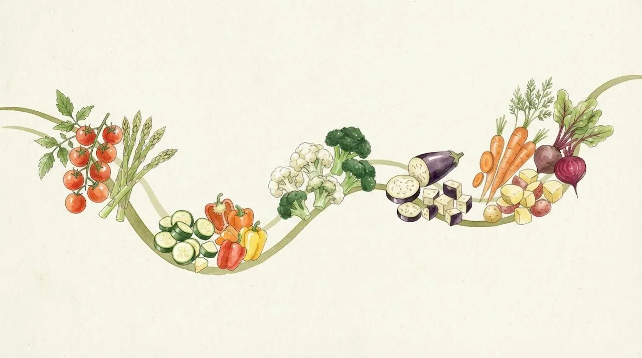Watercolor illustration of vegetables arranged from quick-roasting to slow-roasting along a curved line, from cherry tomatoes to root vegetables