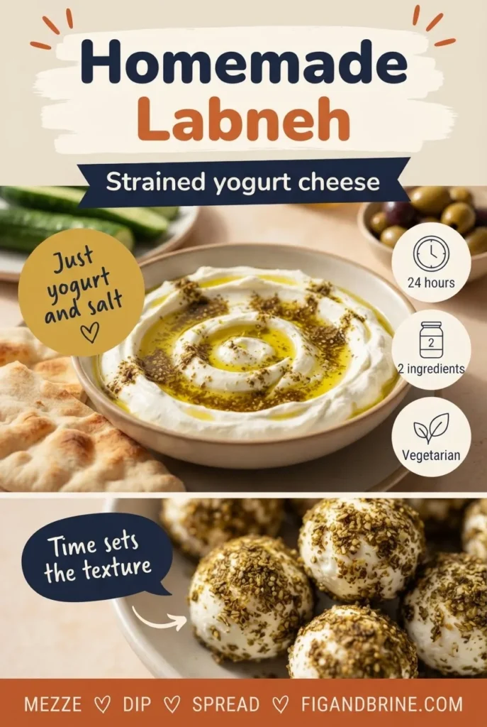 Pinterest pin for homemade labneh with olive oil, za'atar and labneh balls