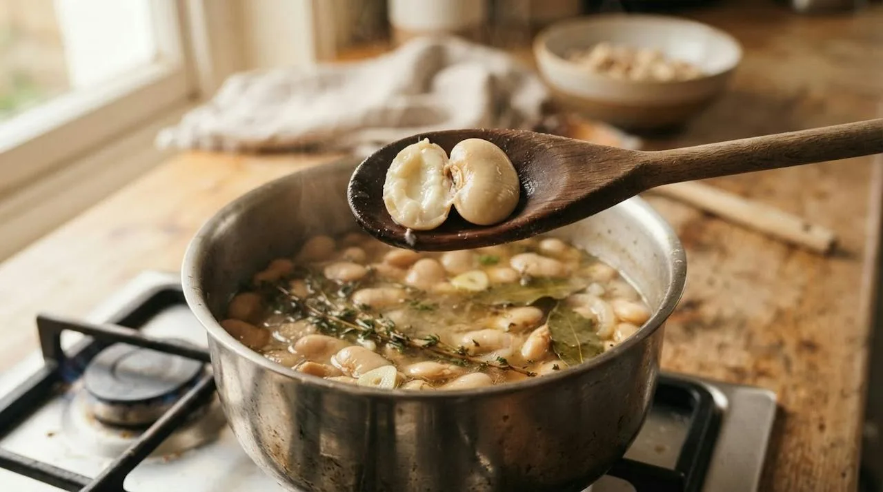 A cooked butter bean cut open on a wooden spoon to show its creamy center above a pot of simmered beans