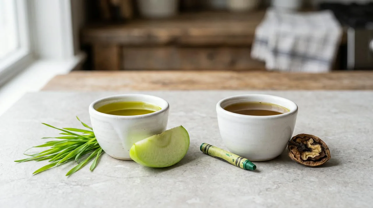Two tasting cups of olive oil: fresh vibrant green-gold oil with grass and green apple next to dull stale oil with a crayon and stale walnut