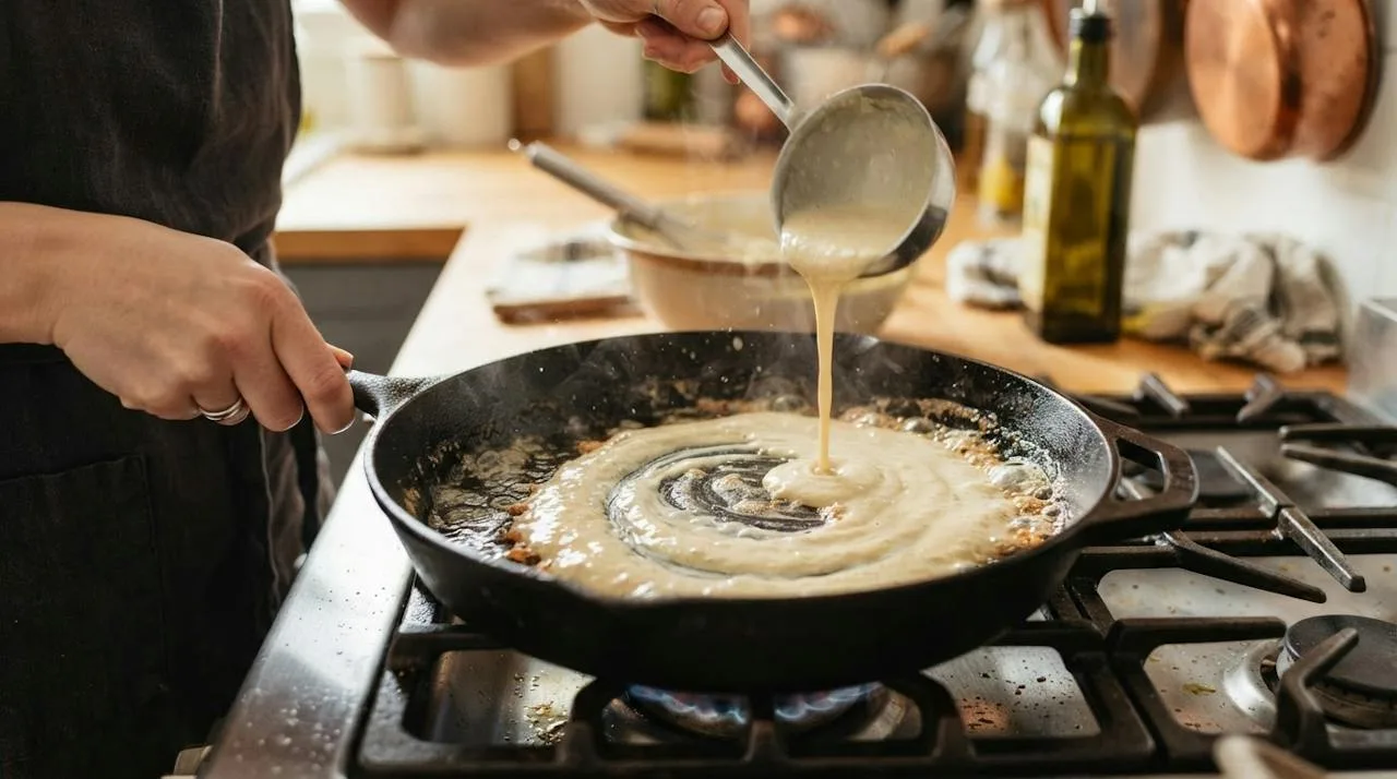 Thin chickpea batter being poured into a sizzling, well-oiled cast-iron skillet