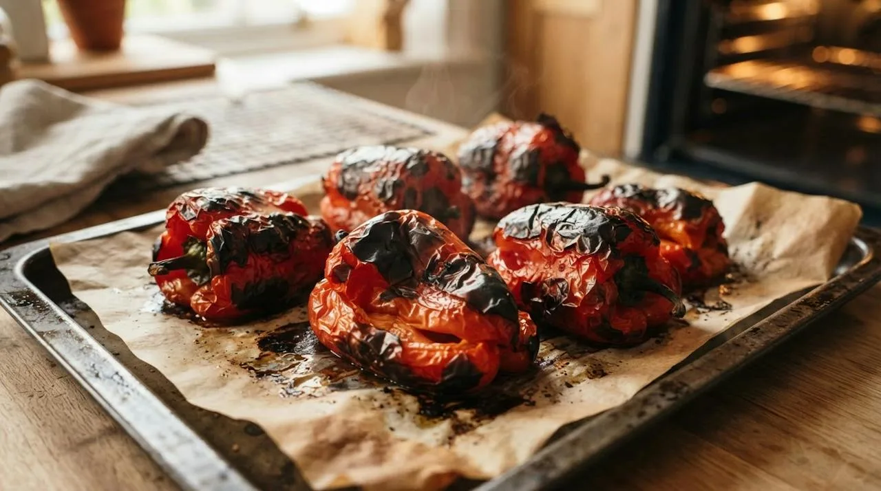 Whole red peppers on a parchment-lined tray with heavily blistered, blackened skins