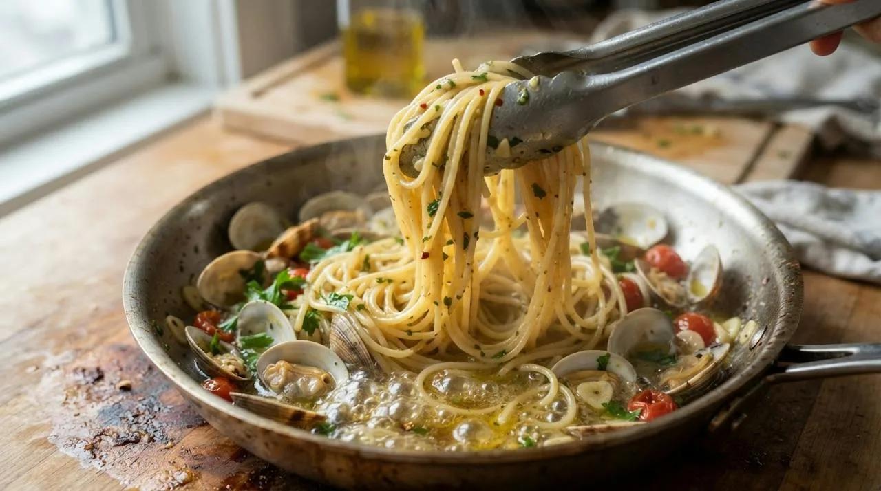 Tongs lifting glossy spaghetti coated in light clam sauce, with broth bubbling in the skillet