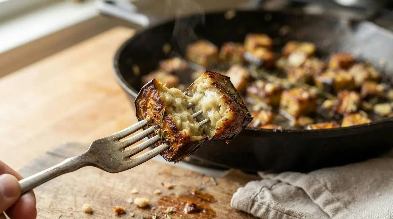 A pan-seared eggplant cube broken open to show a creamy center and browned exterior