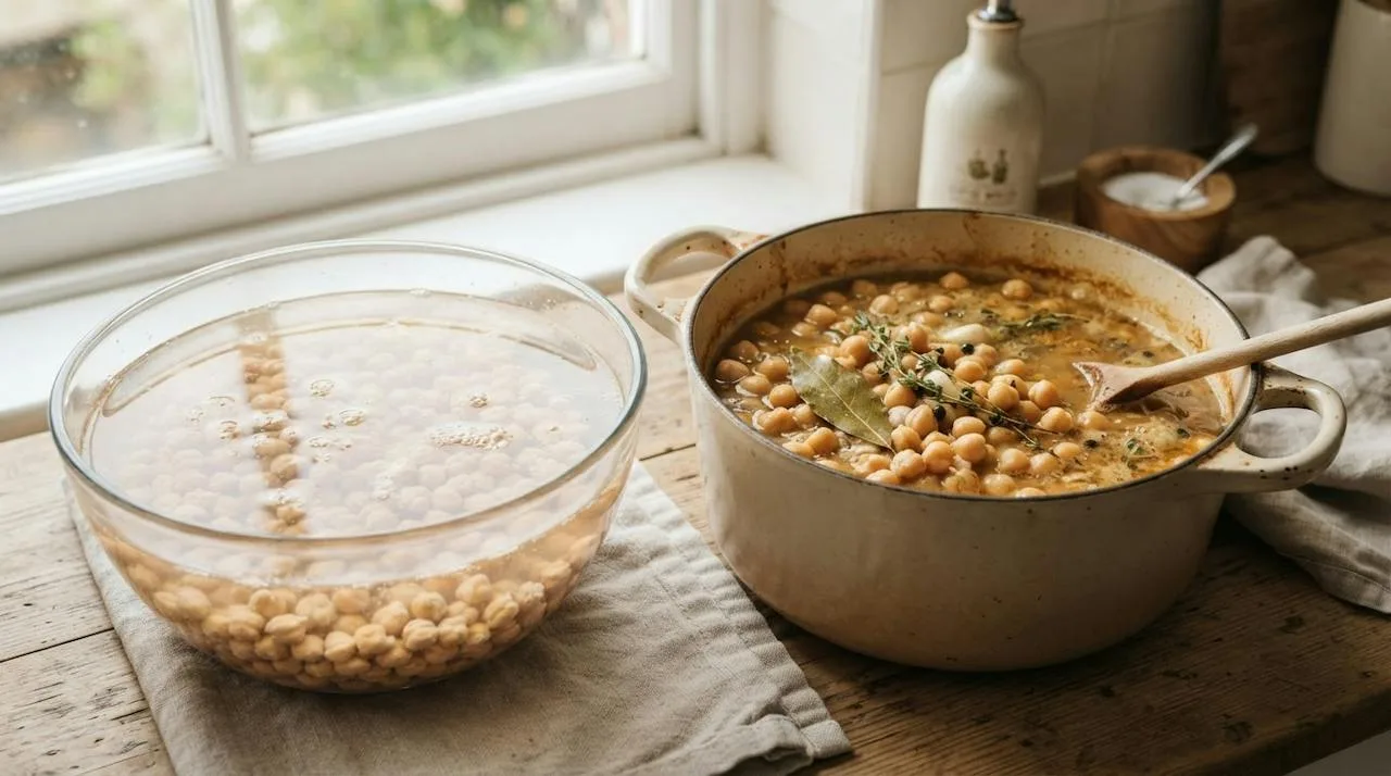 Dried chickpeas soaking overnight in a glass bowl next to a pot of cooked creamy chickpeas with a bay leaf