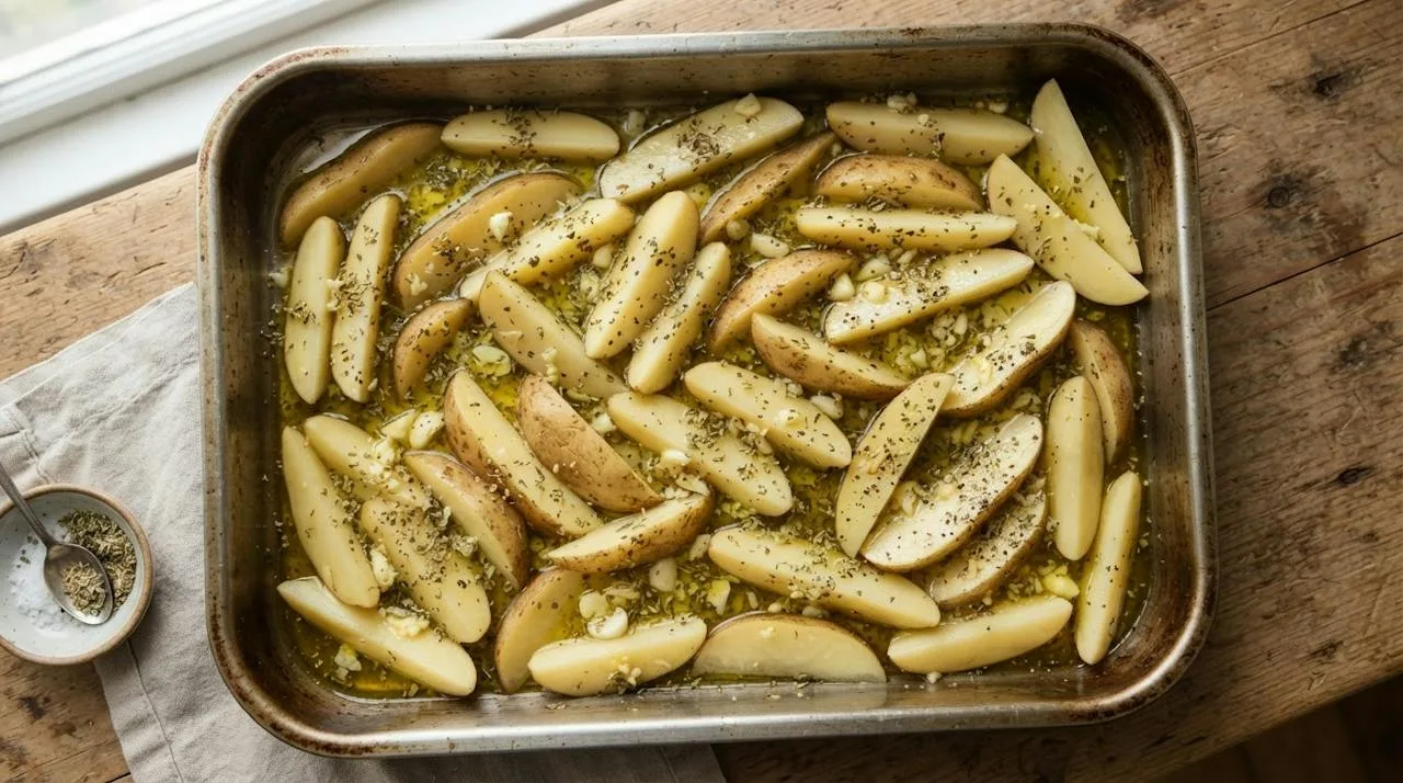 Raw potato wedges in a metal roasting pan sitting in a shallow lemon and olive oil mixture with garlic and oregano