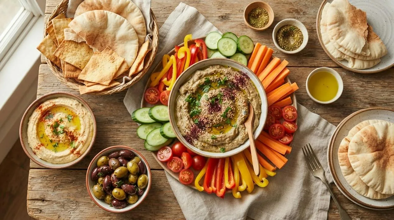 A mezze spread with baba ganoush, pita, flatbread, raw vegetables, olives and hummus