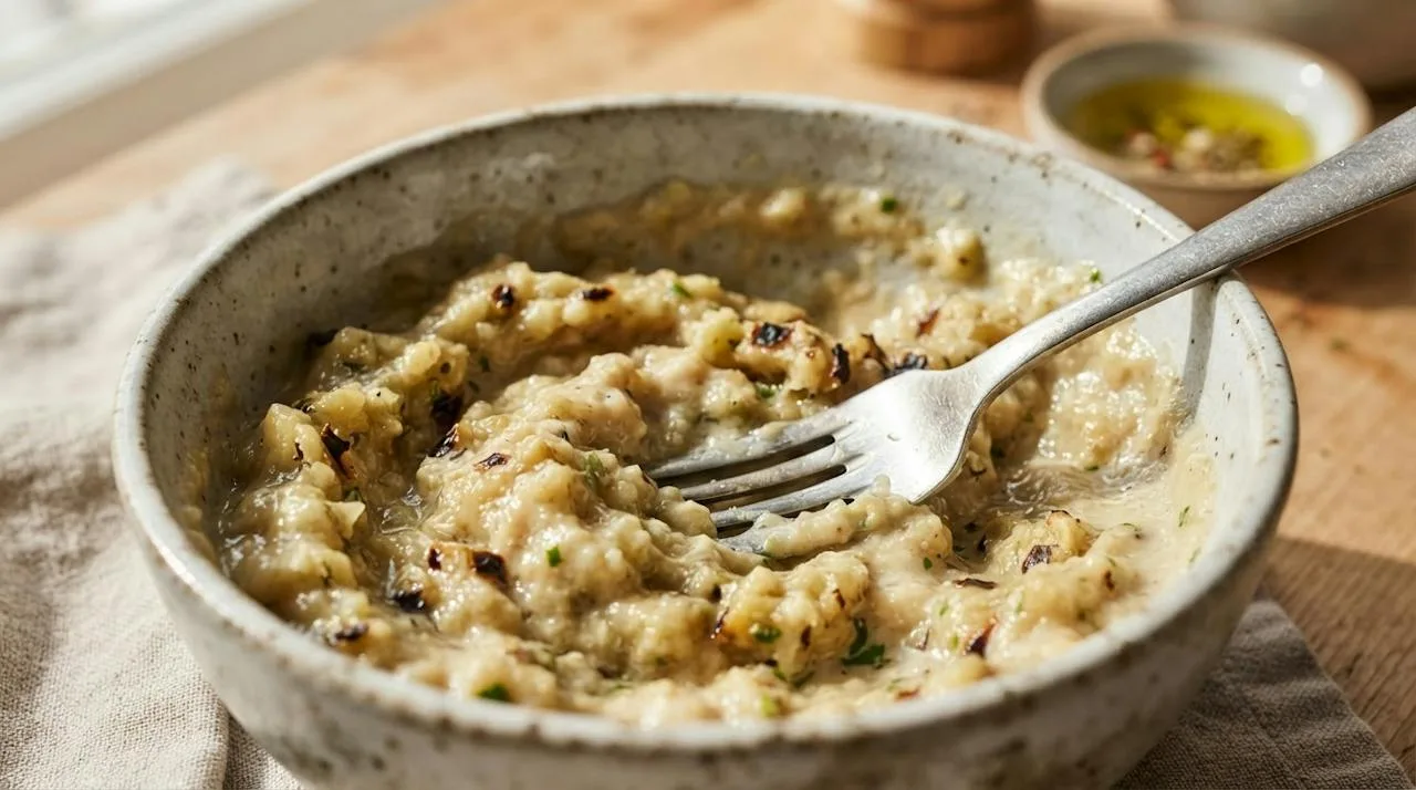 A fork mashing roasted eggplant with tahini into a soft, slightly chunky dip
