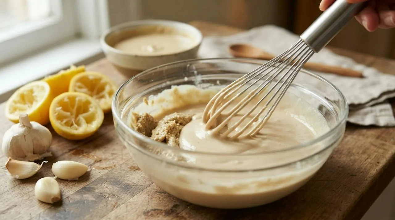 Whisking tahini, lemon juice and ice water in a glass bowl as the sauce turns smooth and creamy