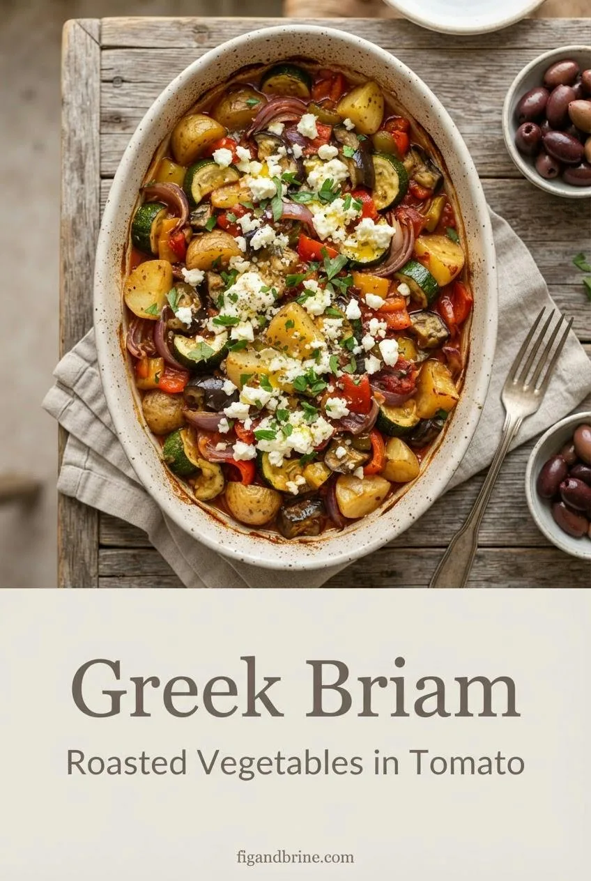 Vertical Pinterest pin showing a baking dish of Greek briam with feta and parsley, titled Greek Briam