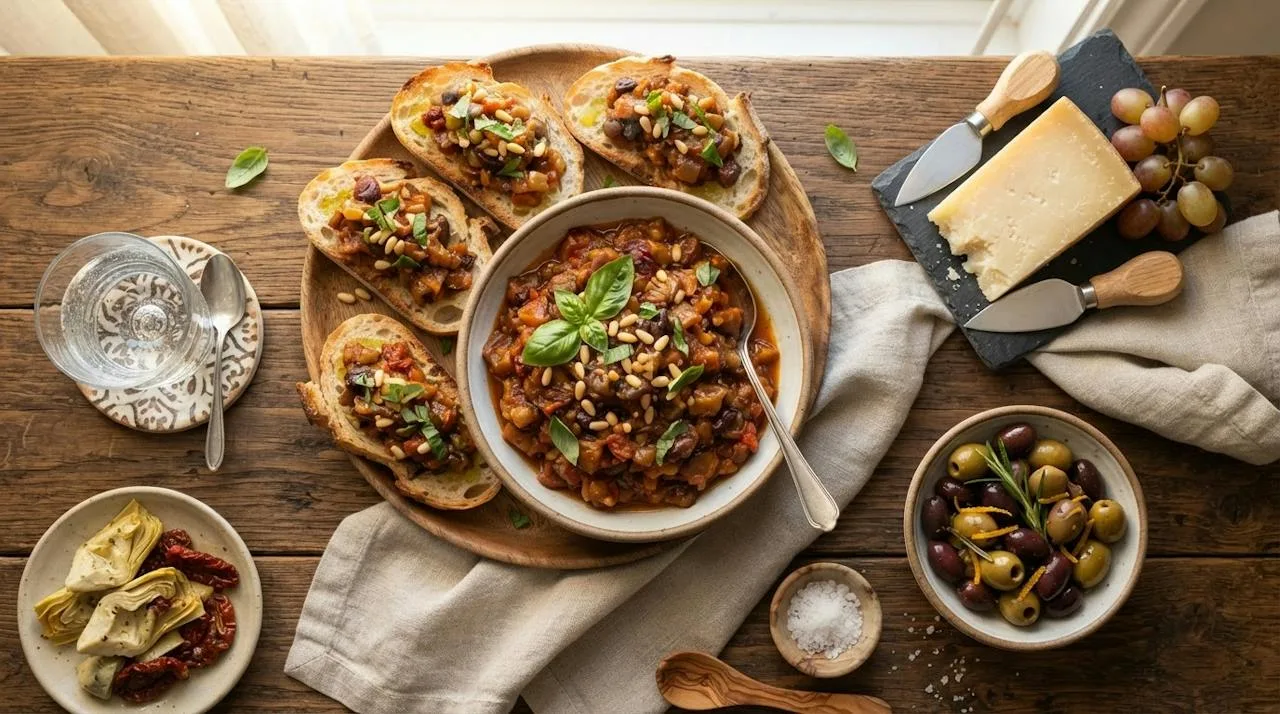 A Mediterranean antipasto spread with a bowl of caponata, toasts topped with caponata, cheese and olives