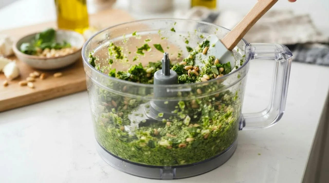 Basil, garlic and pine nuts being pulsed in a food processor bowl, with a spatula scraping the sides