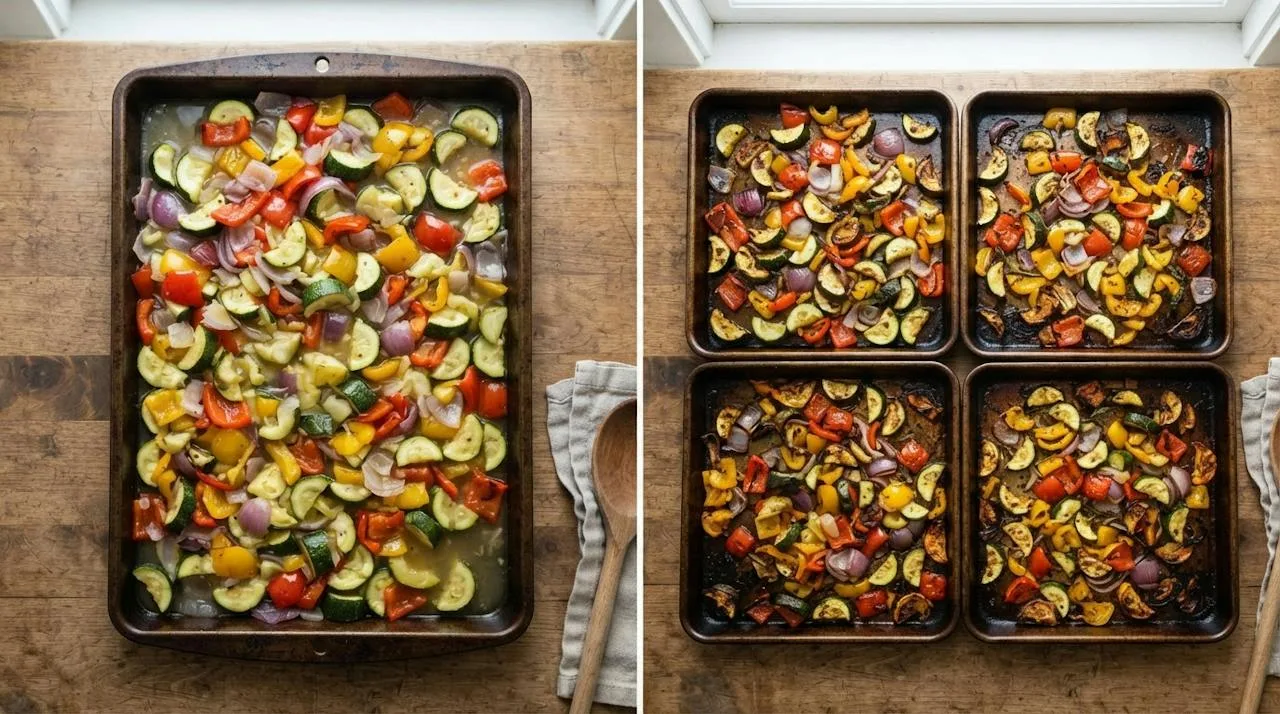 An overcrowded tray of steamed, pale zucchini, peppers and onion next to two spaced-out trays of the same vegetables with browned edges