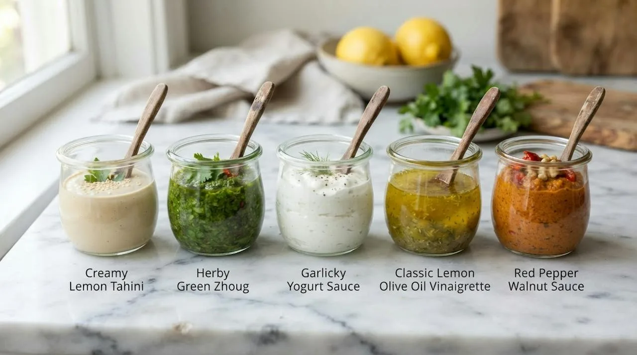 Five glass jars of bowl dressings: lemon tahini, green herb sauce, garlicky yogurt, lemon olive oil vinaigrette and red pepper walnut sauce