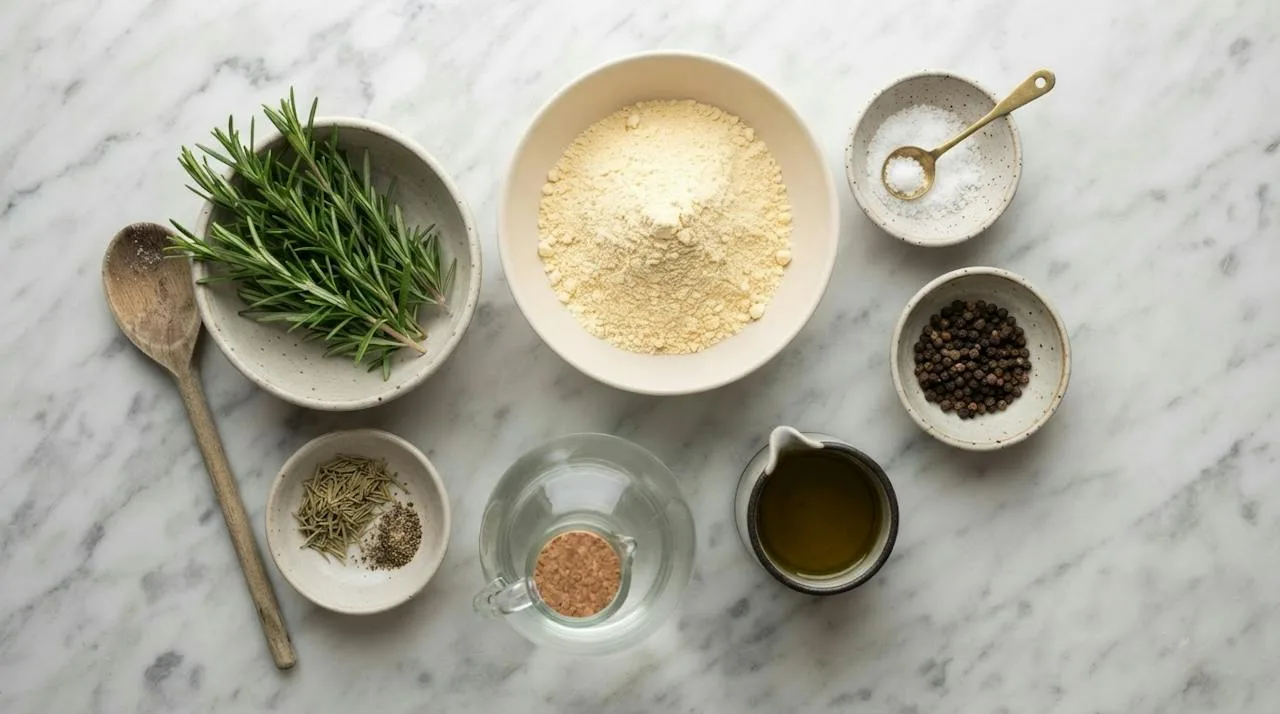 Farinata ingredients in small bowls: chickpea flour, water, olive oil, salt, black pepper, dried and fresh rosemary