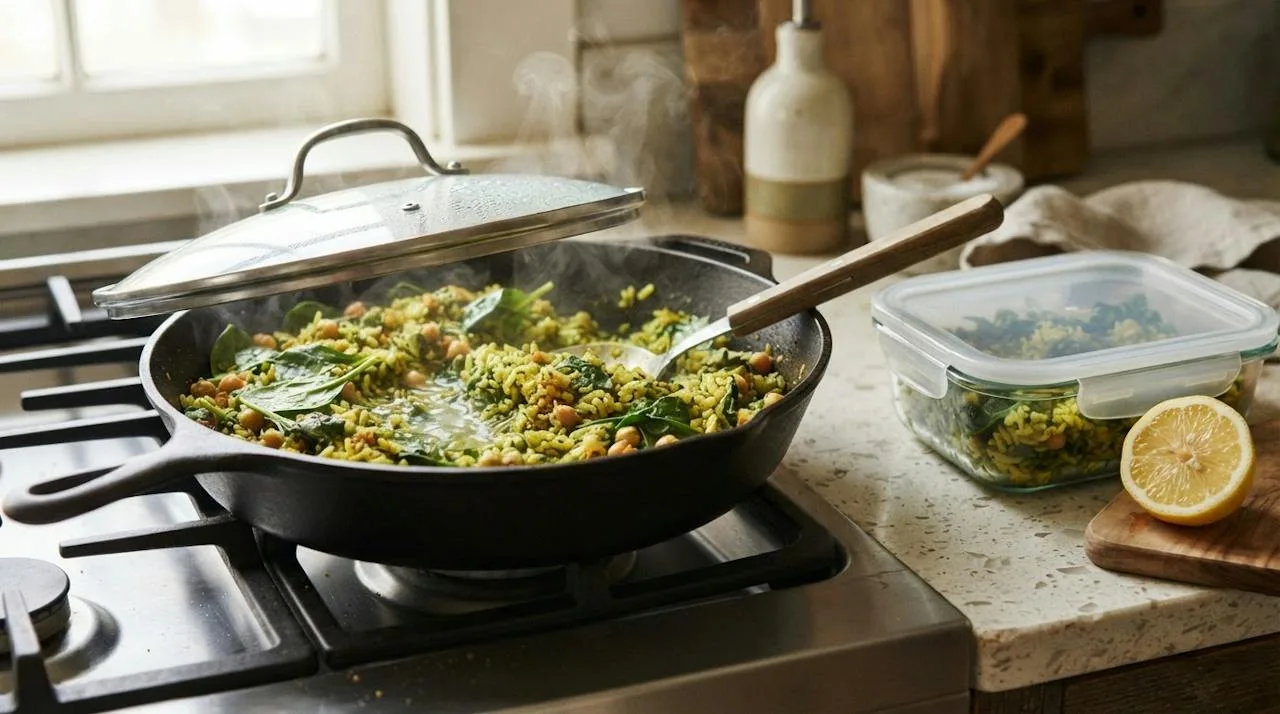 Leftover spinach rice reheating in a covered skillet with a splash of water, next to a container of leftovers and a lemon