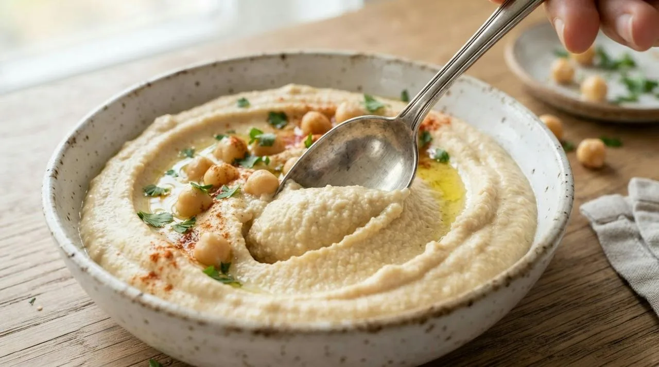 The back of a spoon dragging a deep groove through very smooth, fluffy hummus