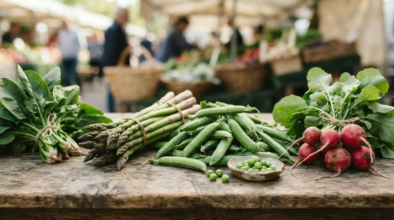 Fresh asparagus, English peas in their pods, bunches of spinach and radishes on a wooden market table