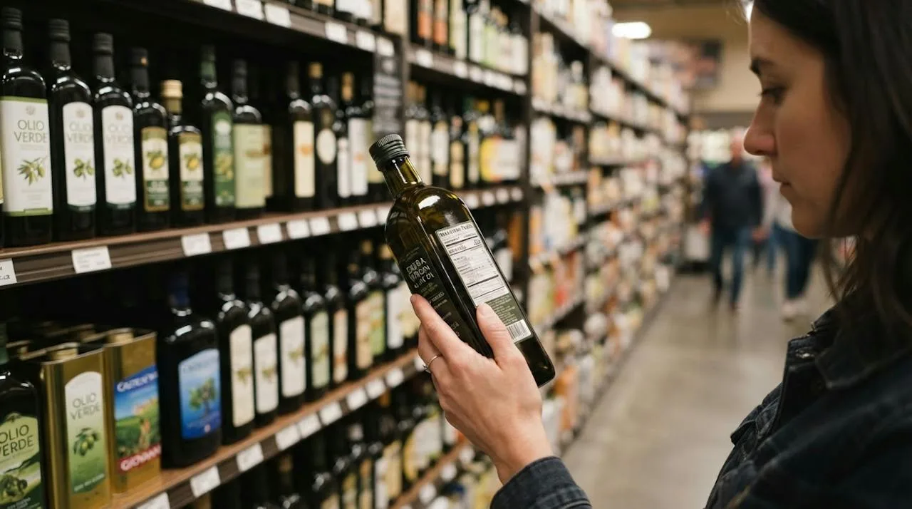 A hand holding a dark glass bottle of olive oil in a grocery aisle, reading the back label