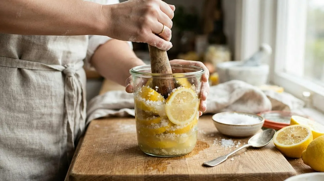 Hands pressing salted lemons down into a glass jar with a wooden muddler so the juice rises over them