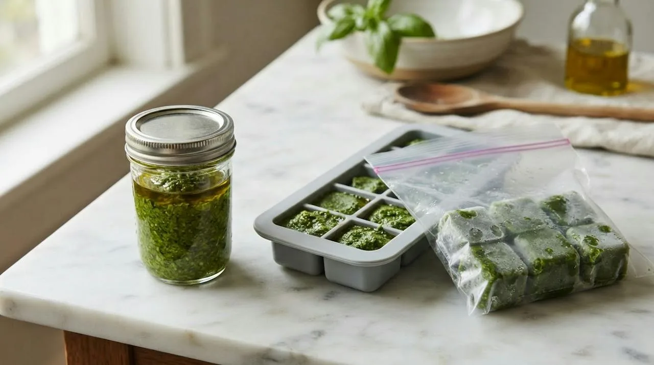 A jar of pesto topped with olive oil next to frozen pesto cubes in an ice cube tray and a freezer bag