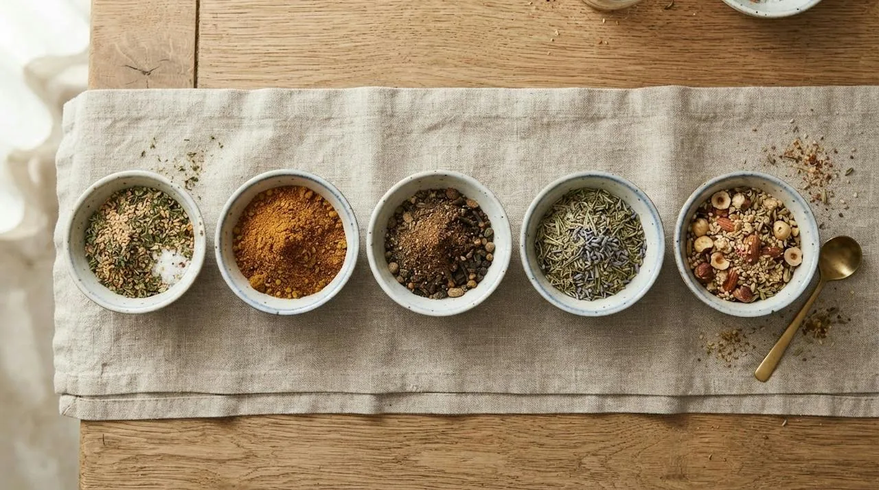 Small bowls of za'atar, ras el hanout, baharat, herbes de Provence and dukkah in a row on linen