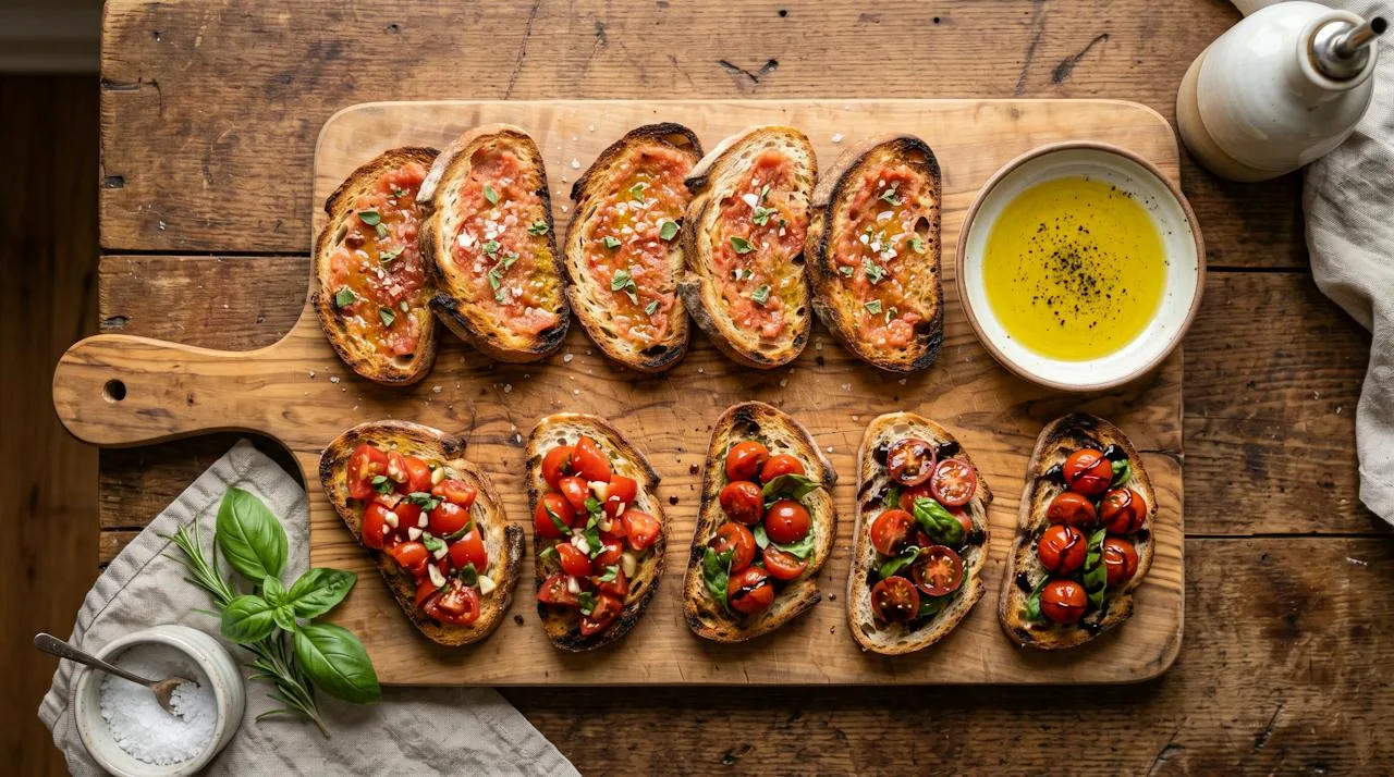 Spanish pan con tomate and Italian bruschetta drizzled with olive oil next to a plate of olive oil for dipping bread