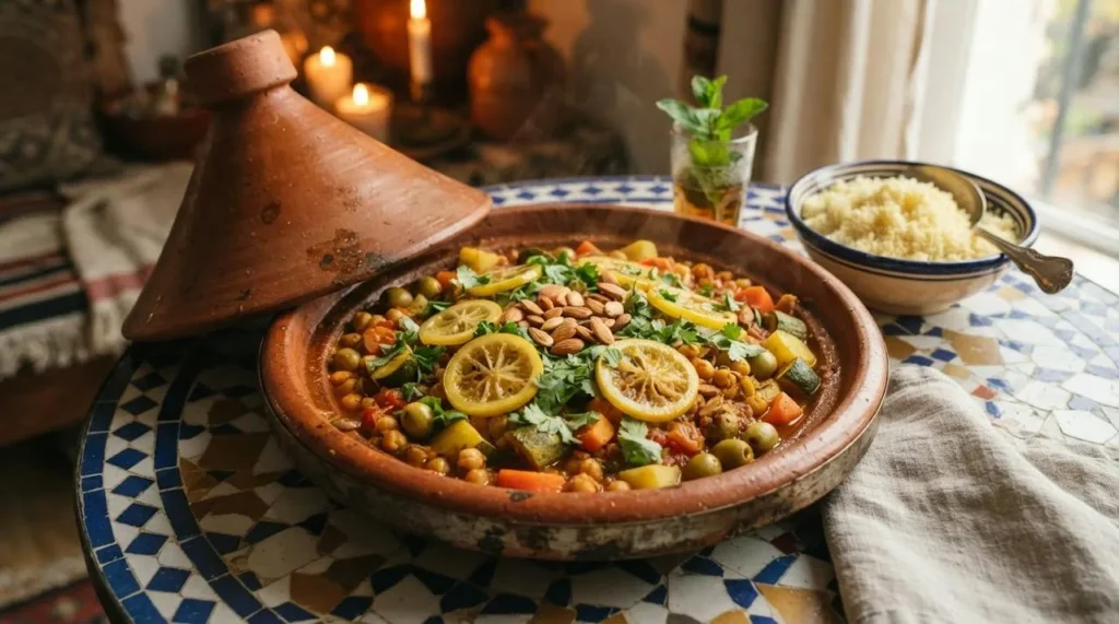 Vegan Moroccan vegetable tagine with chickpeas, carrots, potatoes, zucchini, green olives and slices of preserved lemon