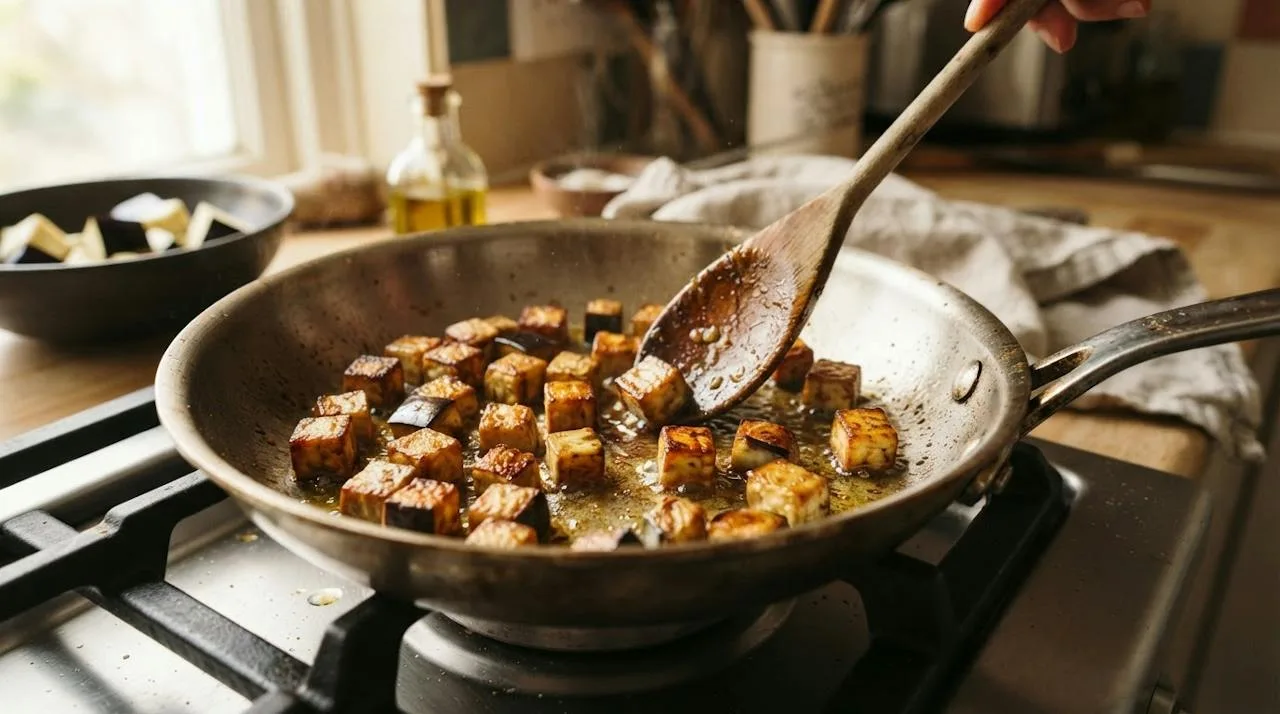 Eggplant cubes frying in a single layer in olive oil in a stainless-steel skillet with deep golden-brown sides