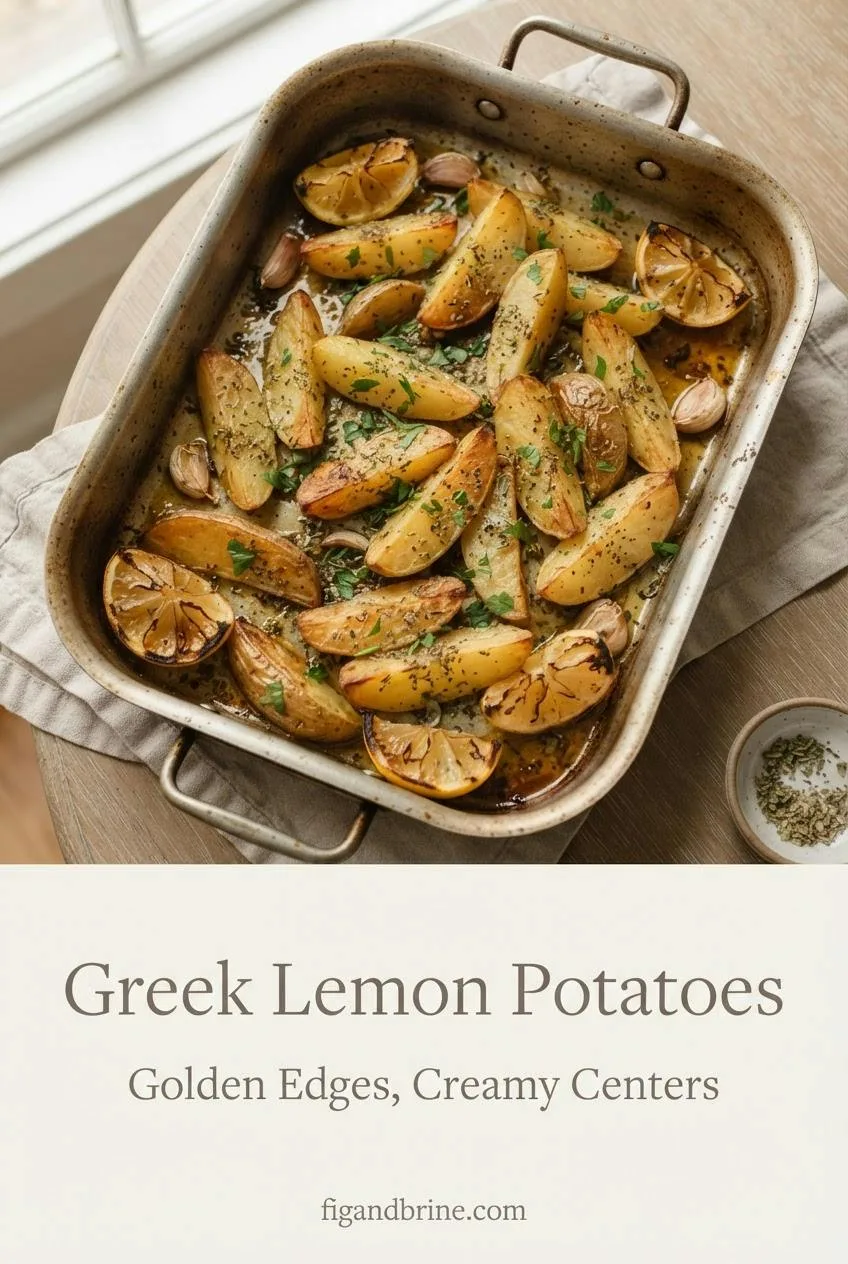 Vertical Pinterest pin showing golden Greek lemon potatoes with oregano and lemon in a roasting pan, titled Greek Lemon Potatoes
