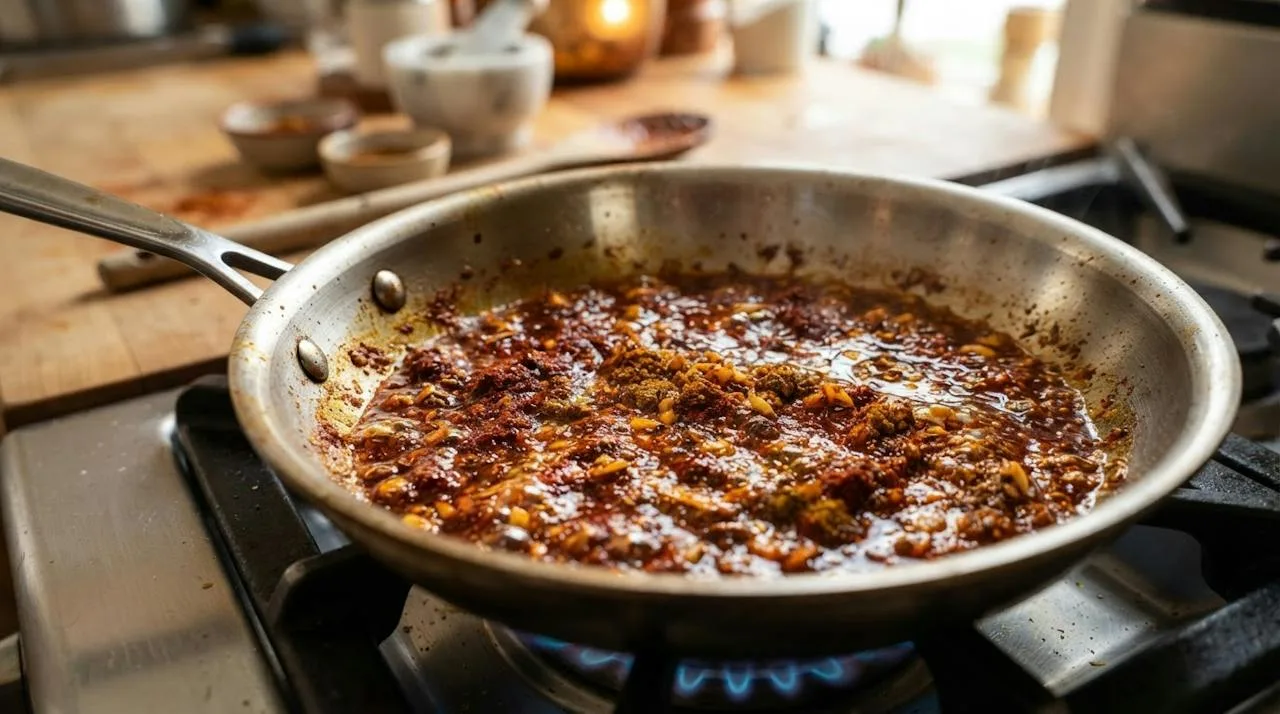 Ground spices and garlic sizzling and blooming in shimmering olive oil in a pan