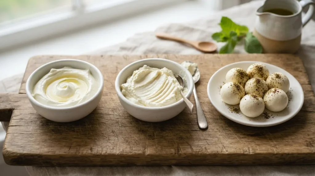 Three textures of labneh side by side: soft and spreadable, thick with spoon ridges, and firm rolled balls