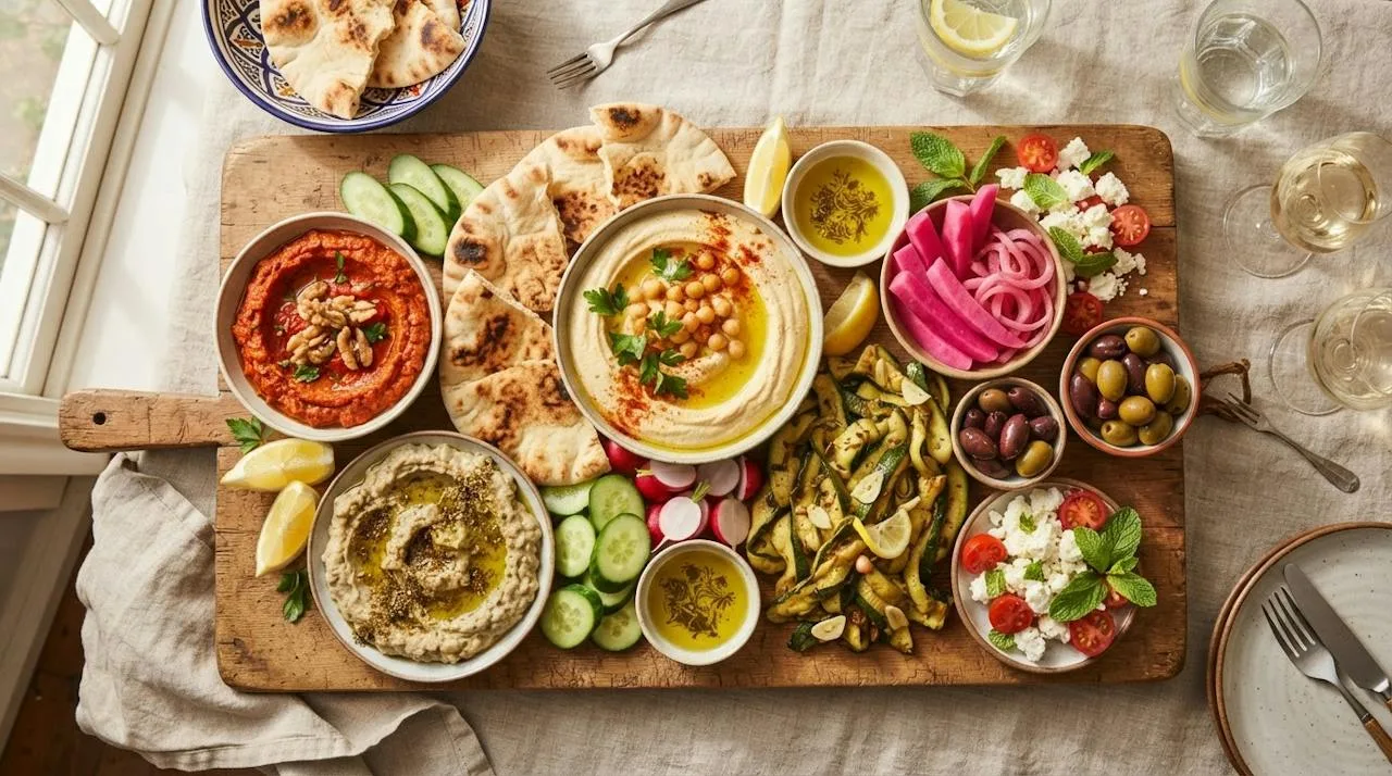 Mezze platter with roasted red peppers, roasted eggplant dip, marinated zucchini, pink pickled turnips, pickled onions, olives, hummus and flatbread
