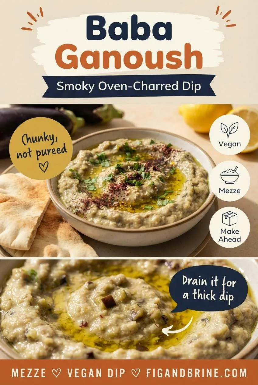 Pinterest pin for smoky baba ganoush, a bowl of dip with olive oil, parsley, sumac and sesame seeds