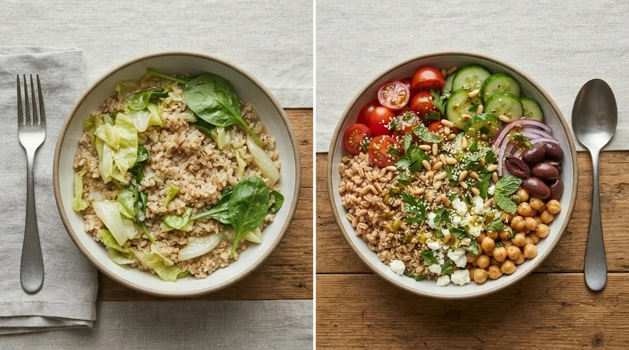 Side-by-side comparison of a soggy, bland grain bowl and a vibrant layered Mediterranean bowl with fluffy farro, vegetables, chickpeas and herbs