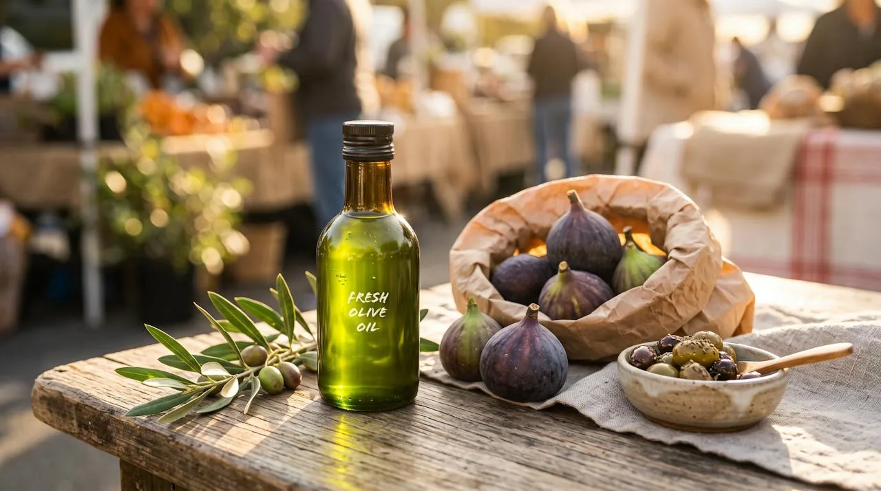 A small bottle of fresh-pressed green olive oil glowing in morning sun beside fresh figs, an olive branch and a bowl of olives