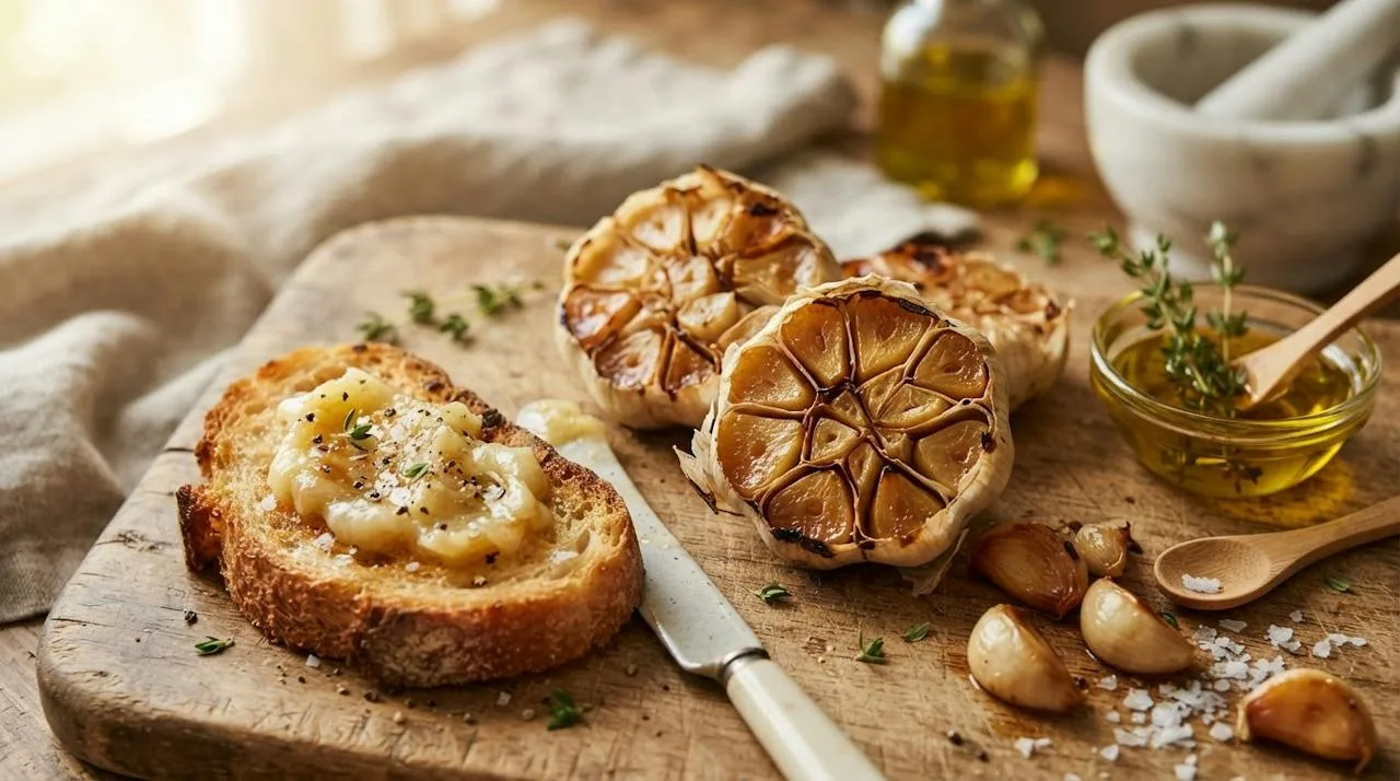 Roasted heads of garlic cut open to reveal soft caramelized cloves, one squeezed onto toasted bread with olive oil and thyme