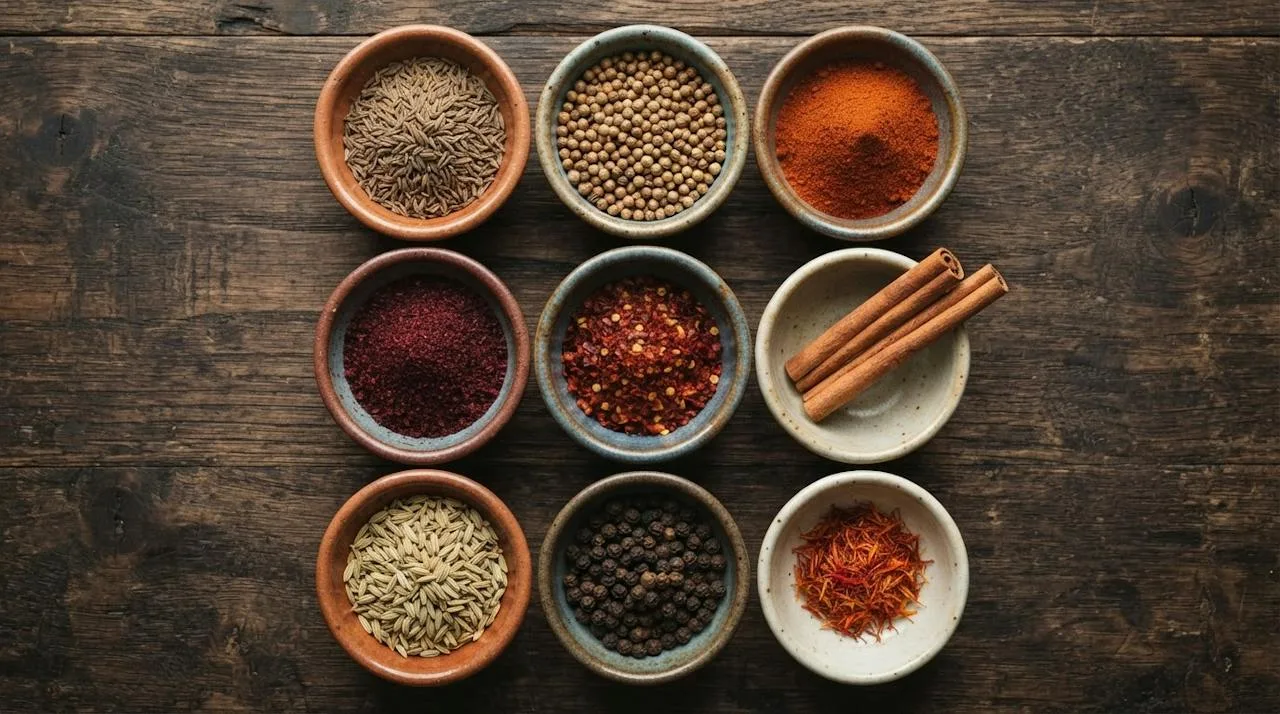 Small ceramic bowls of cumin seeds, coriander seeds, smoked paprika, sumac, Aleppo pepper, cinnamon sticks, fennel seeds, black peppercorns and saffron