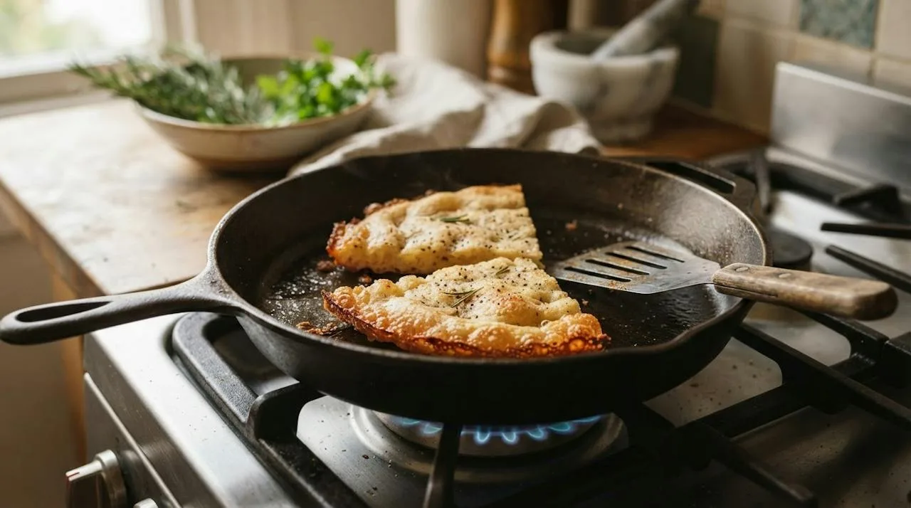 Two leftover farinata wedges re-crisping in a dry skillet
