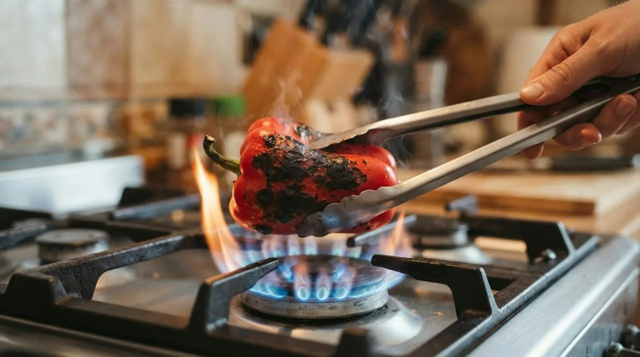 A whole red pepper being turned with long tongs directly over a gas flame